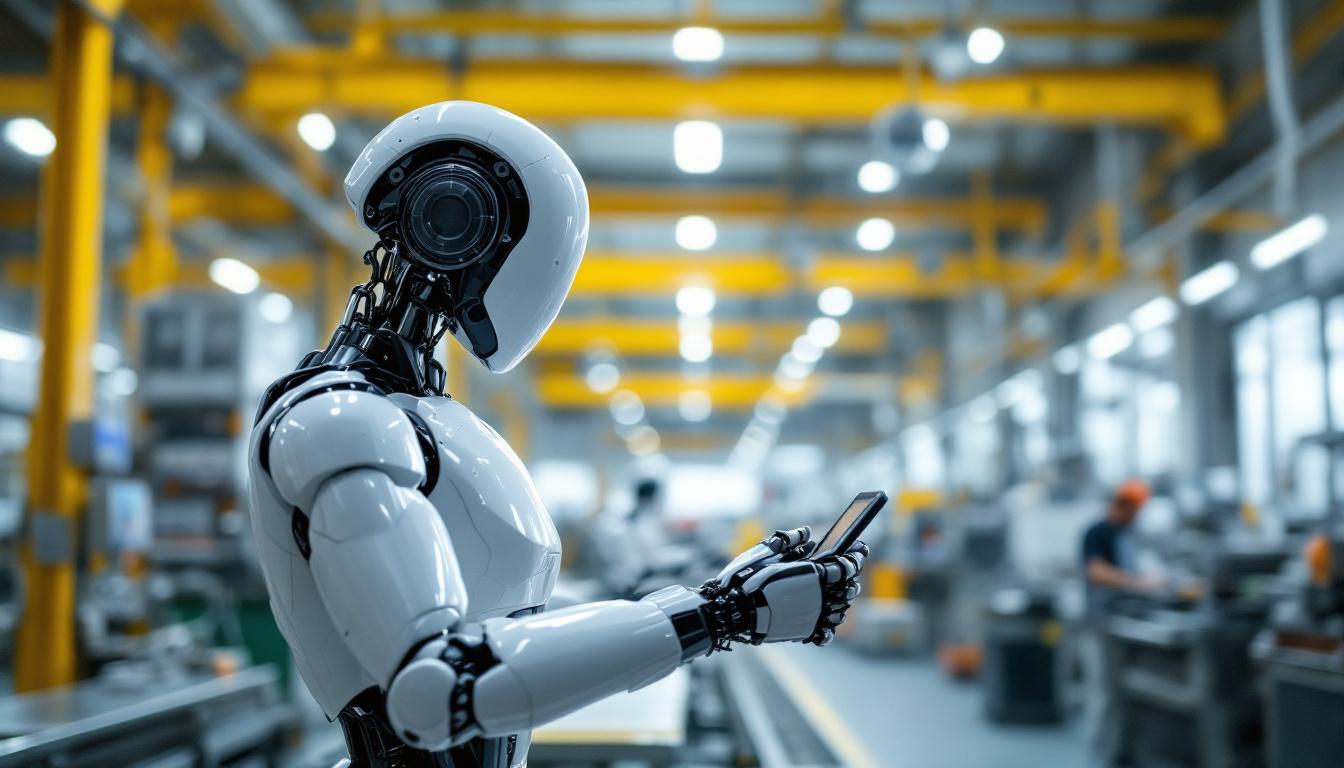 A photograph of a sleek industrial robot in action within a manufacturing environment