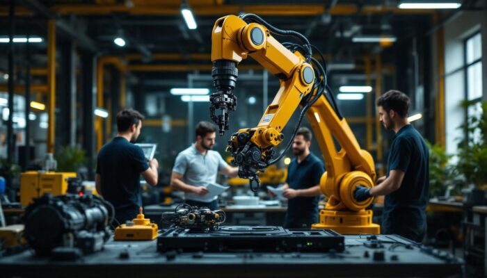 A photograph of a dynamic industrial robotics workspace