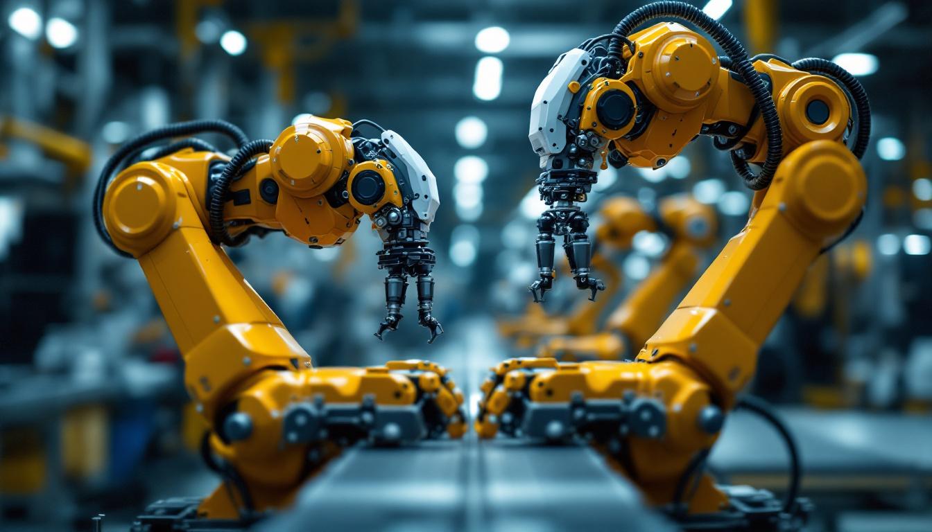 A photograph of capture a photograph of two industrial robots working in tandem on an assembly line