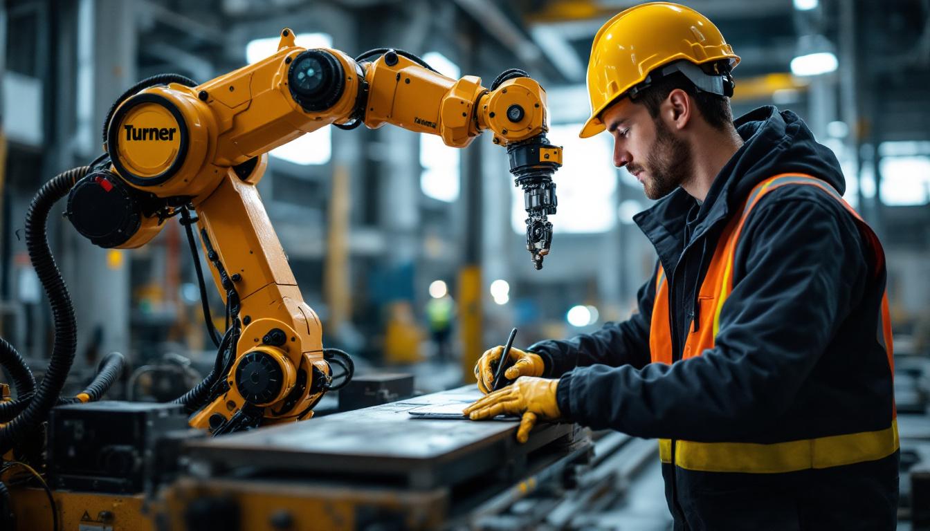 A photograph of a turner construction intern operating an industrial robotic arm on a construction site