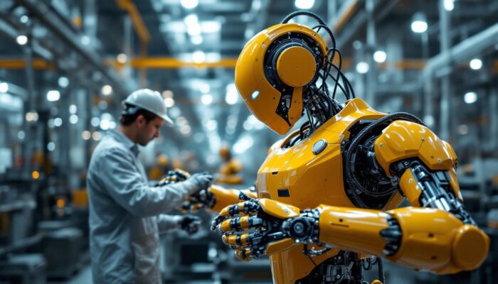 A photograph of a sleek industrial robot in action within a modern boston-based manufacturing facility