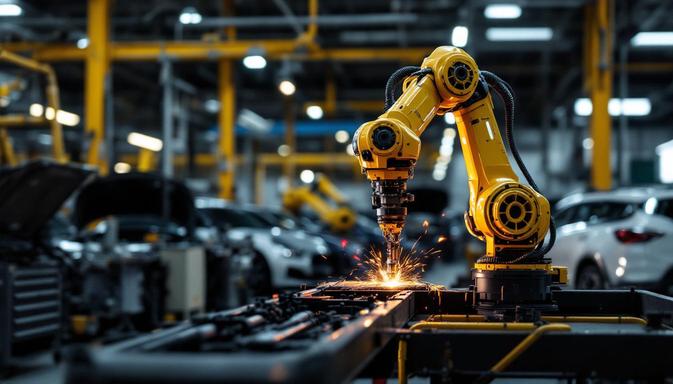 A photograph of a sleek industrial robotic arm in action within an auto body shop