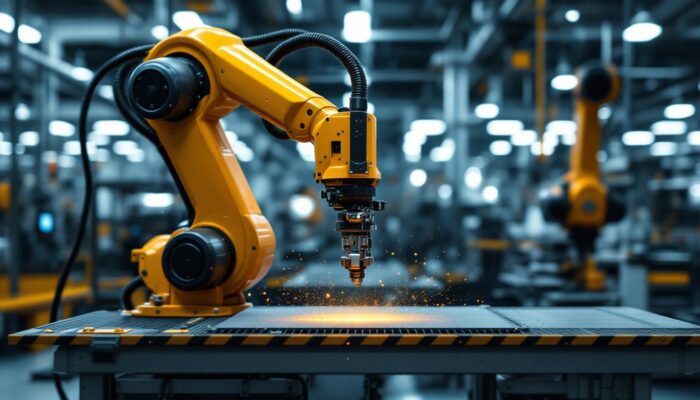 A photograph of a sleek industrial robotic arm in action