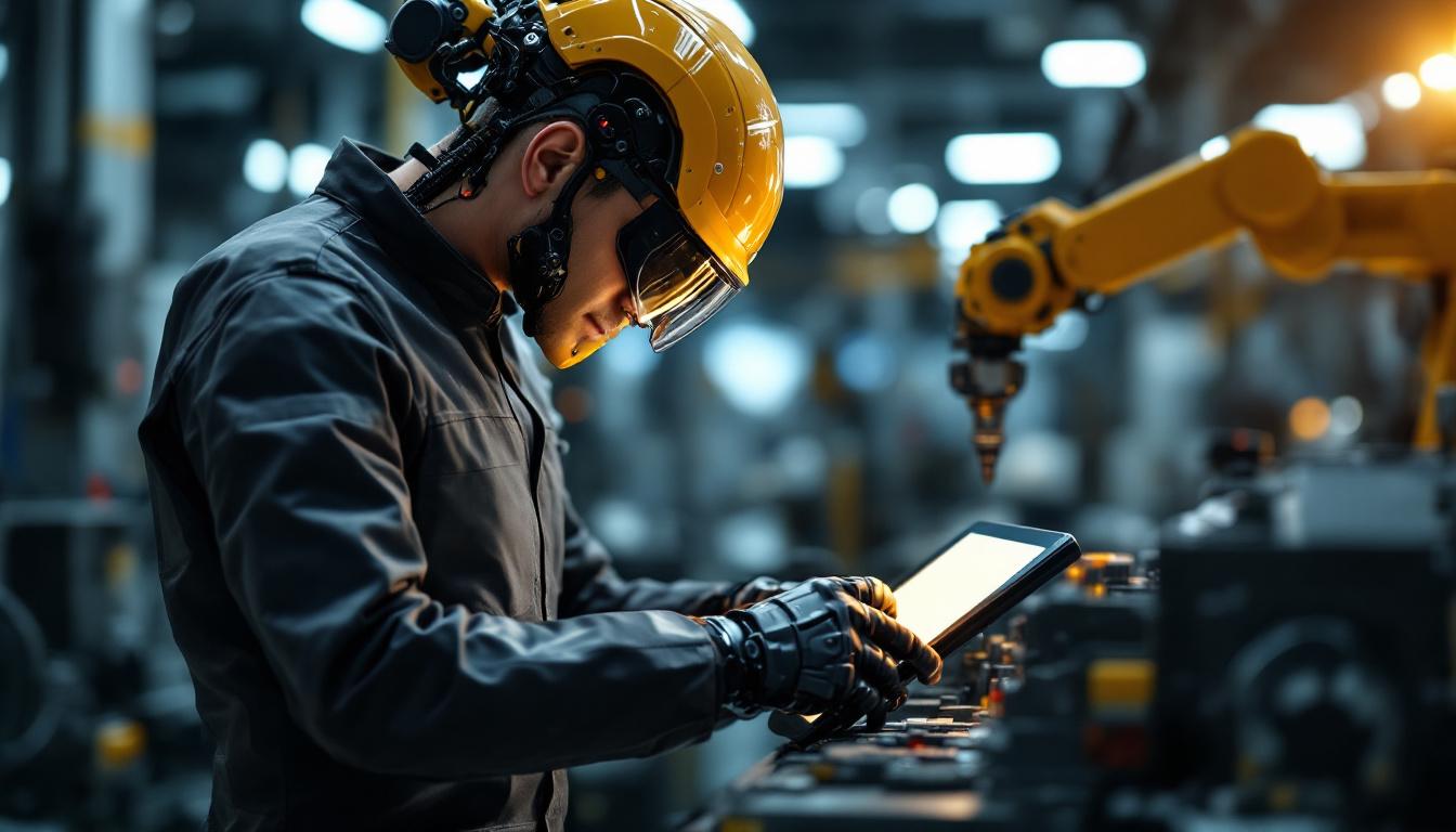 A photograph of a skilled technician operating a state-of-the-art industrial robot in a modern manufacturing environment