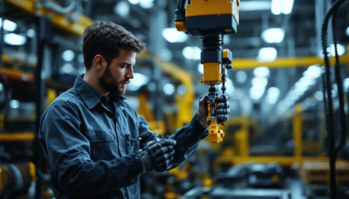 A photograph of a skilled technician adjusting the height of an industrial robotic arm in a manufacturing setting