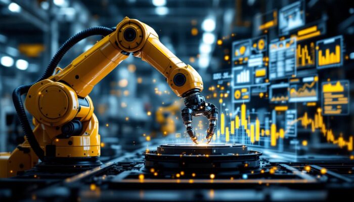 A photograph of a sleek industrial robotic arm actively working in a high-tech manufacturing environment