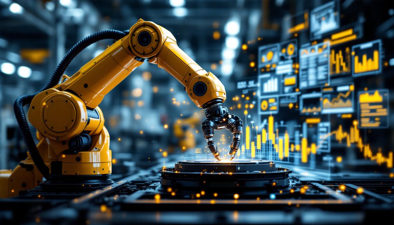 A photograph of a sleek industrial robotic arm actively working in a high-tech manufacturing environment