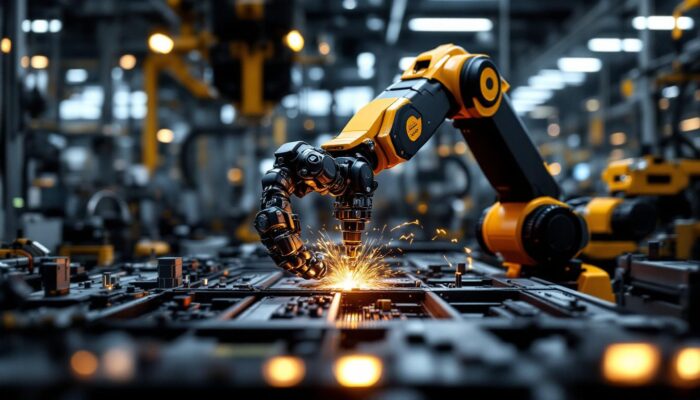 A photograph of a sleek industrial robotic arm in action