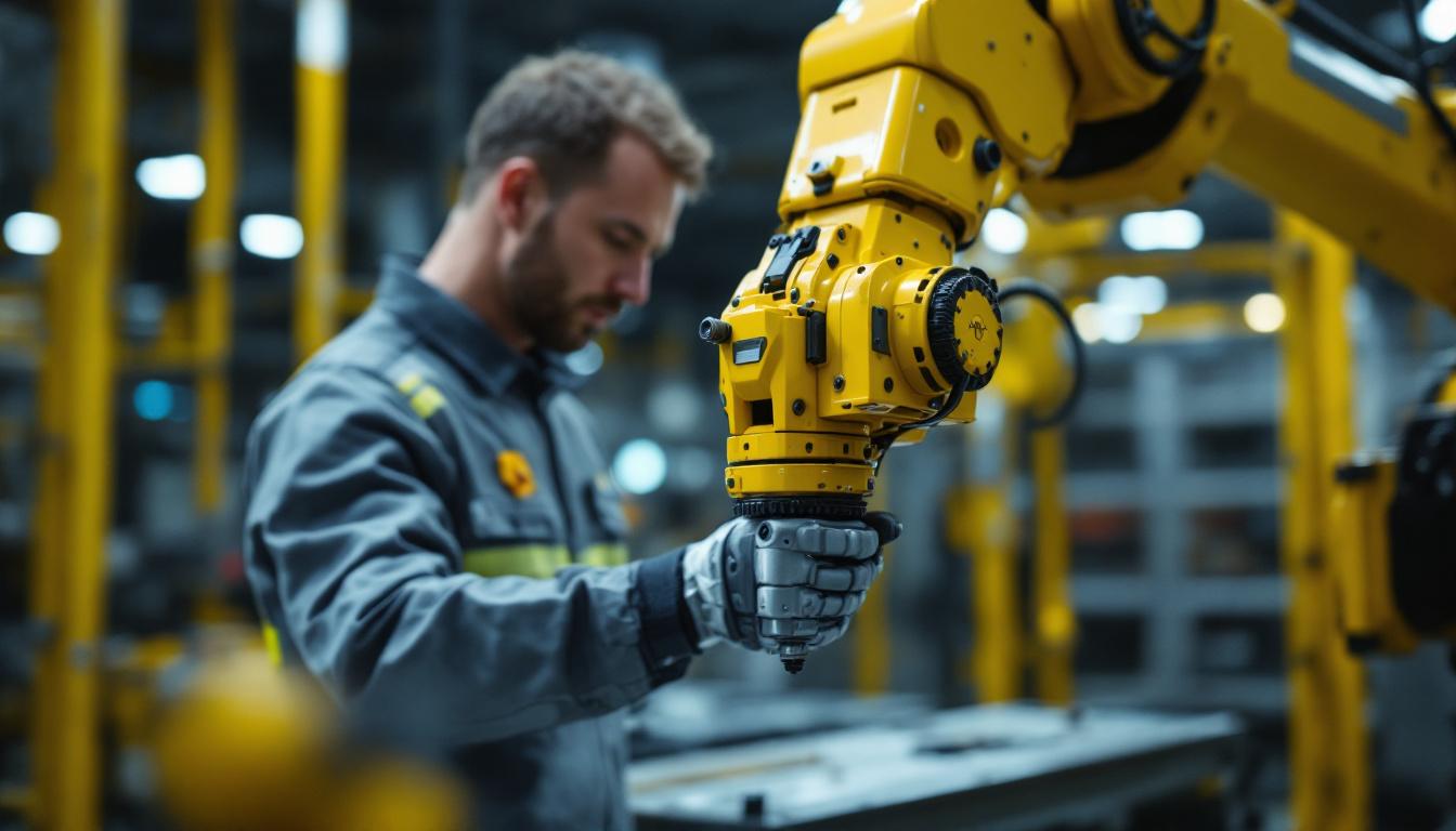 A photograph of a skilled technician demonstrating the setup and operation of an industrial robotic arm in a controlled environment