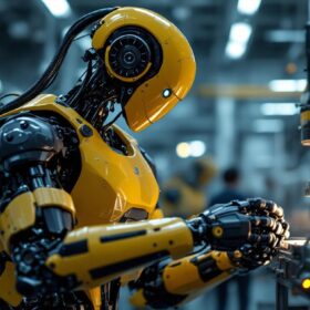 A photograph of a sleek industrial robot in action within a modern manufacturing environment