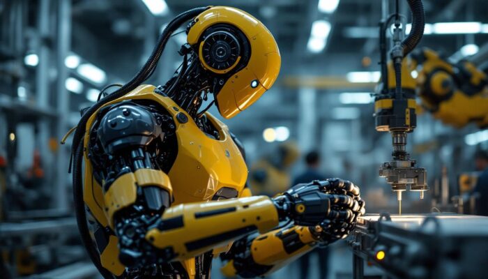 A photograph of a sleek industrial robot in action within a modern manufacturing environment