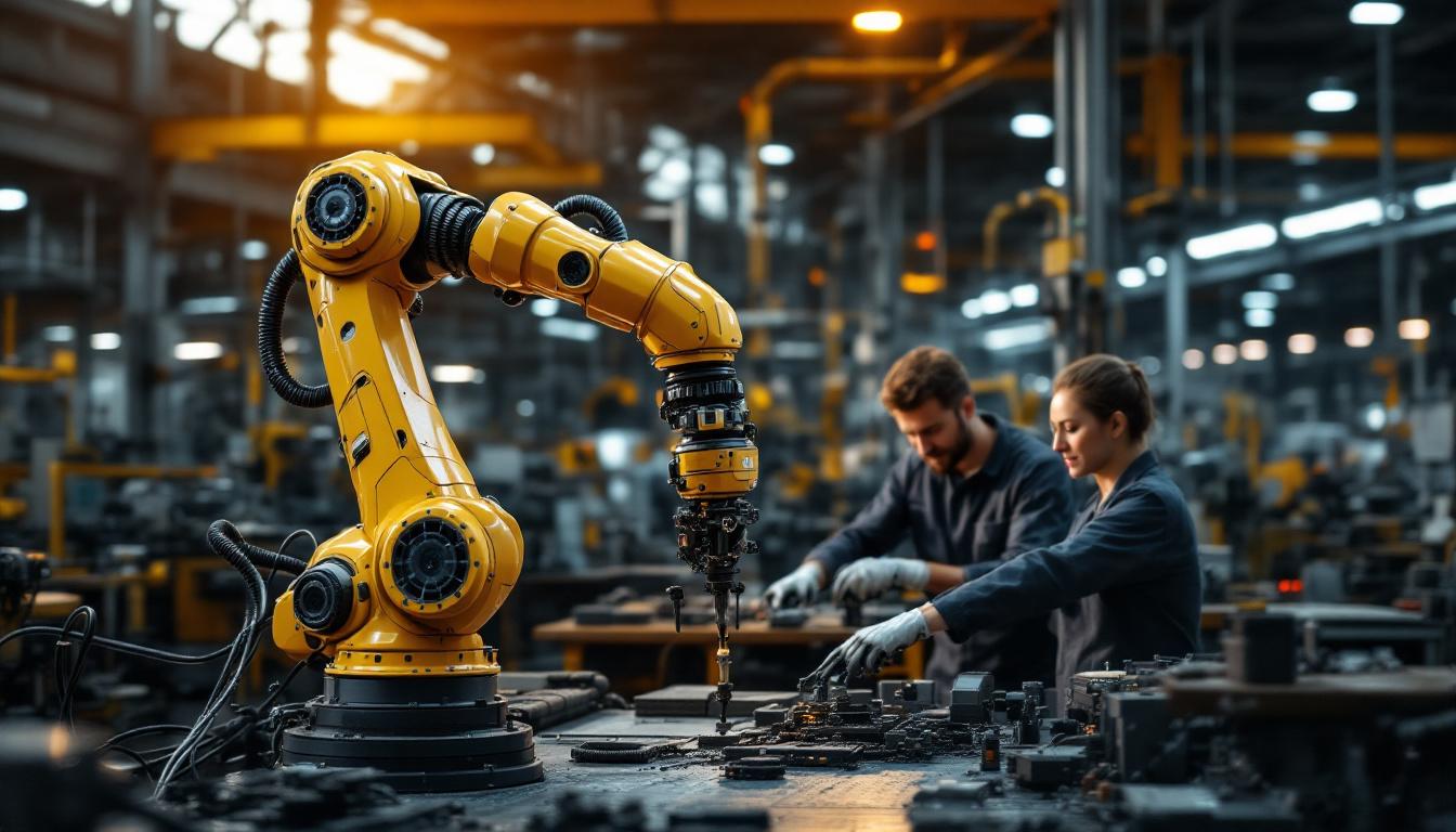 A photograph of a modern industrial setting showcasing a robotic arm in action