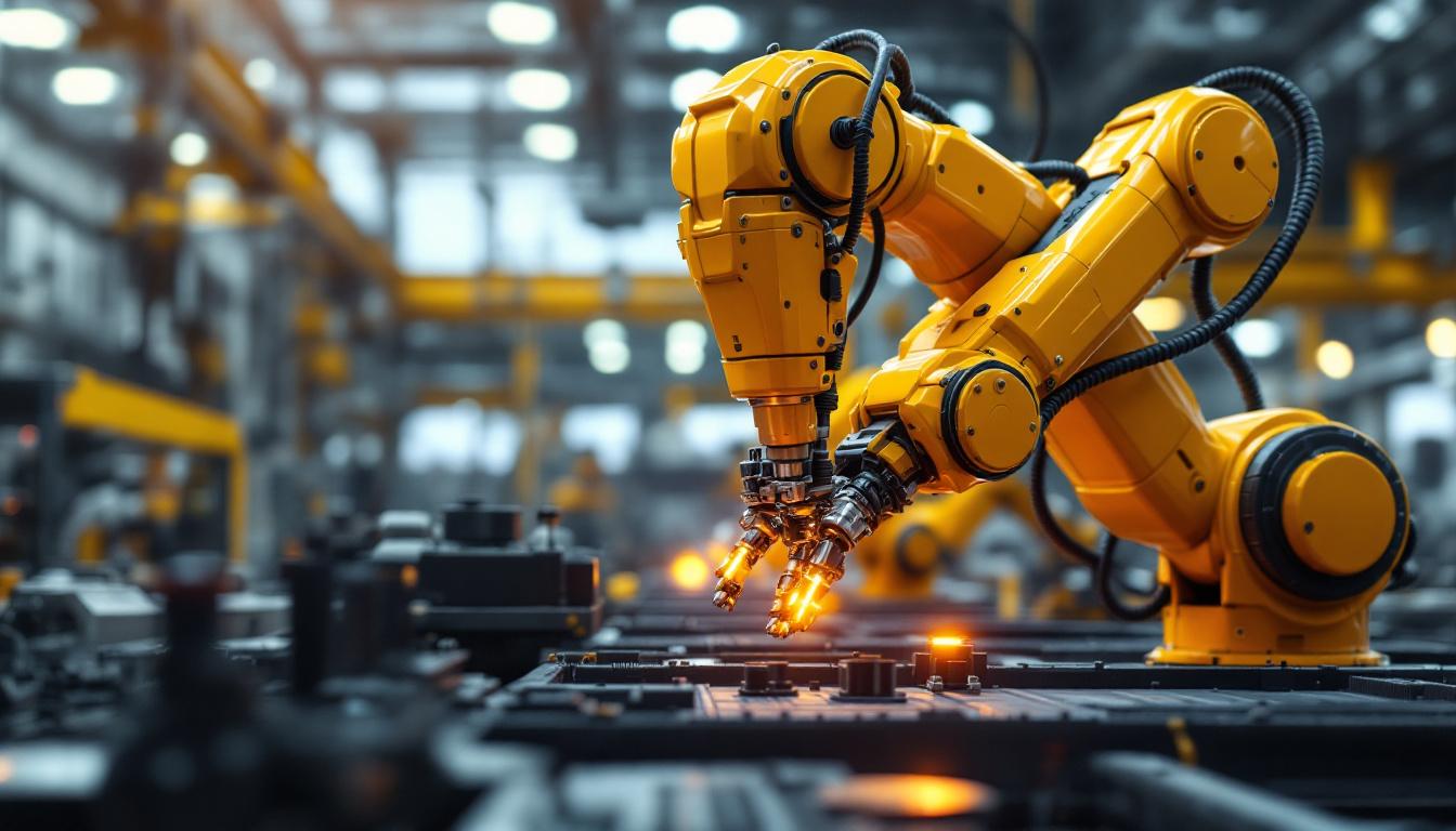 A photograph of a modern industrial setting featuring a robotic arm in action