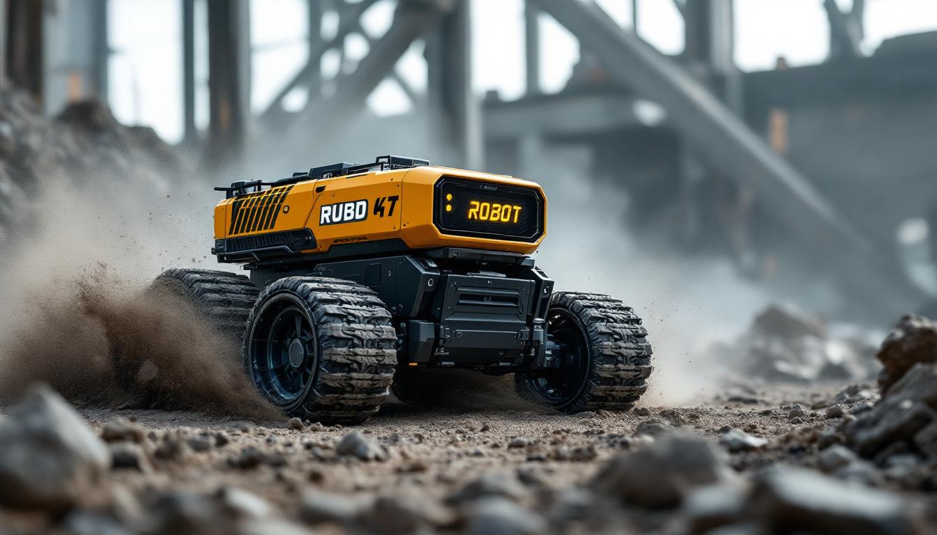 A photograph of a rugged all-terrain robot navigating a challenging industrial landscape