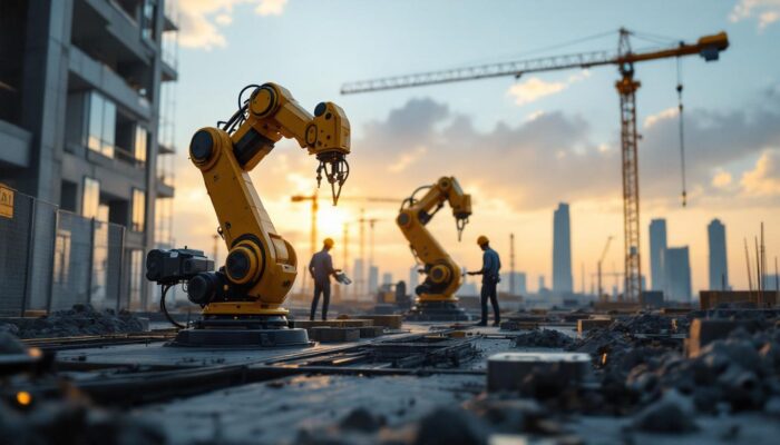 A photograph of a construction site featuring advanced industrial robots in action