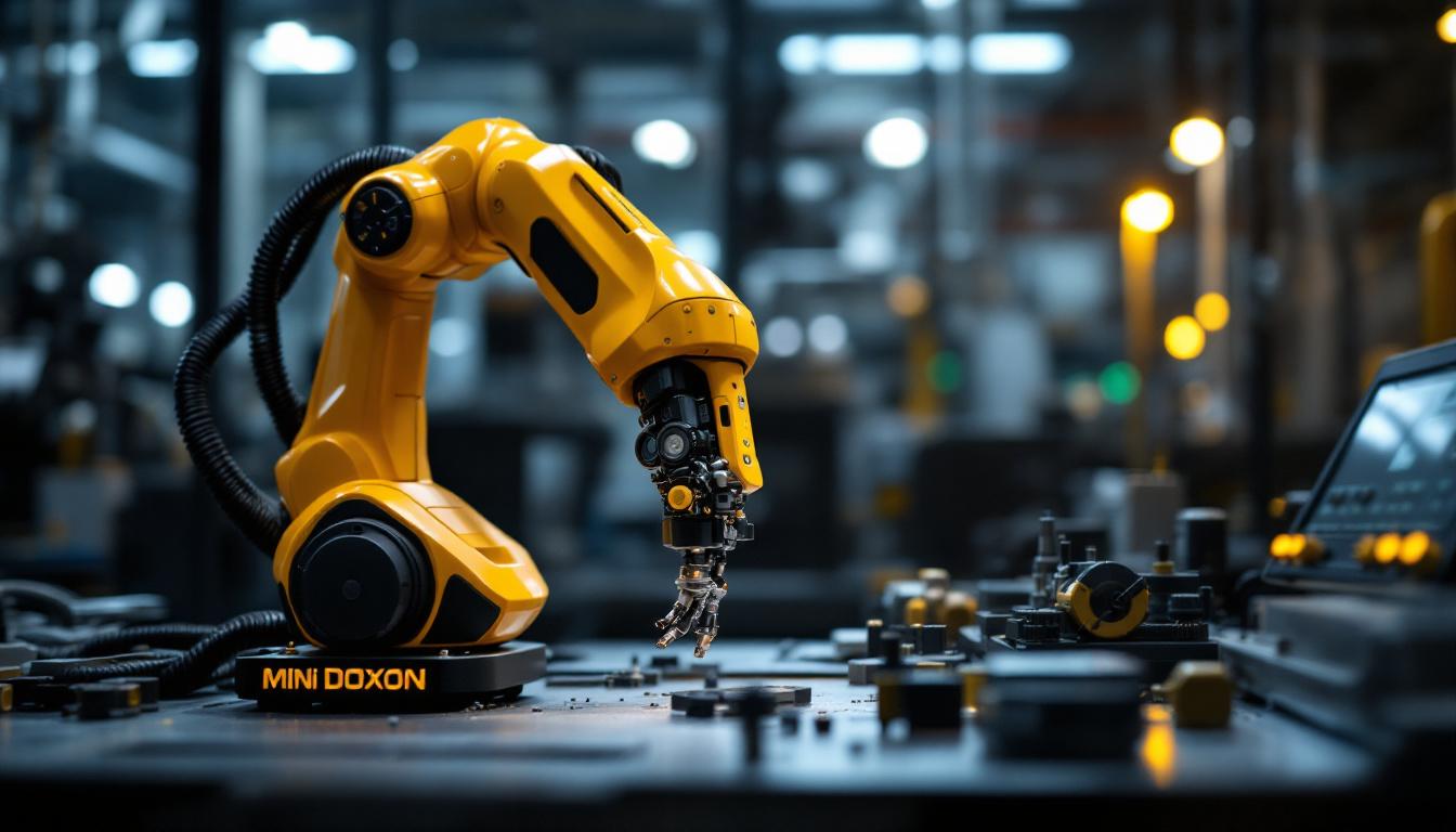 A photograph of a mini doxon industrial robot in action within a manufacturing setting