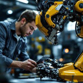 A photograph of a skilled engineer working on a sophisticated industrial robot