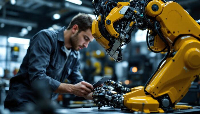 A photograph of a skilled engineer working on a sophisticated industrial robot