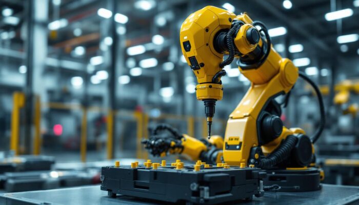 A photograph of a high-tech industrial robot in action within a clean