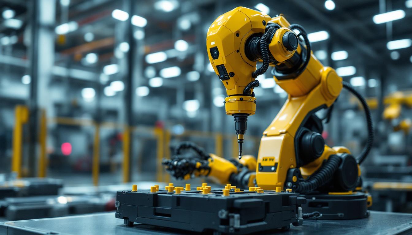 A photograph of a high-tech industrial robot in action within a clean