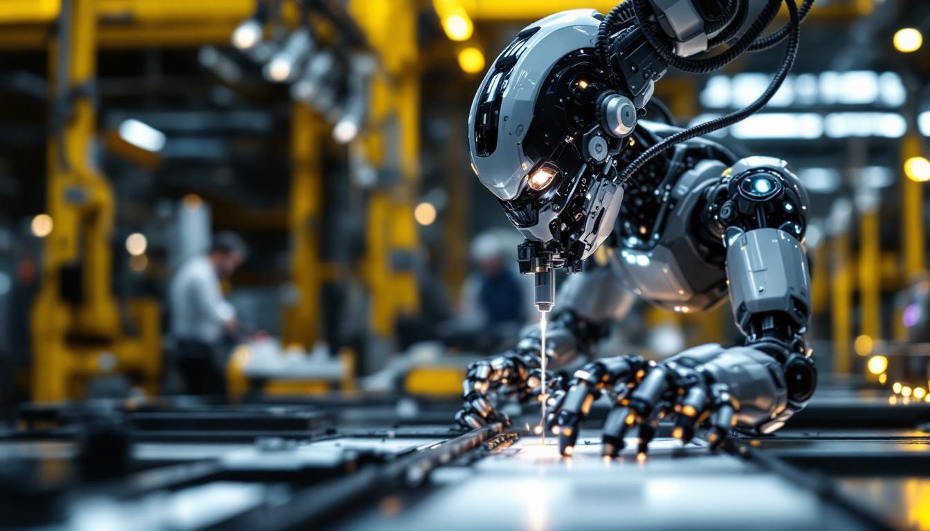 A photograph of a sleek industrial robot in action within a manufacturing setting