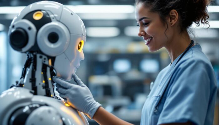 A photograph of a new graduate registered nurse in scrubs