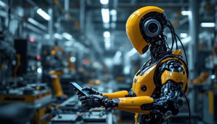 A photograph of a sleek industrial robot in action within a manufacturing environment