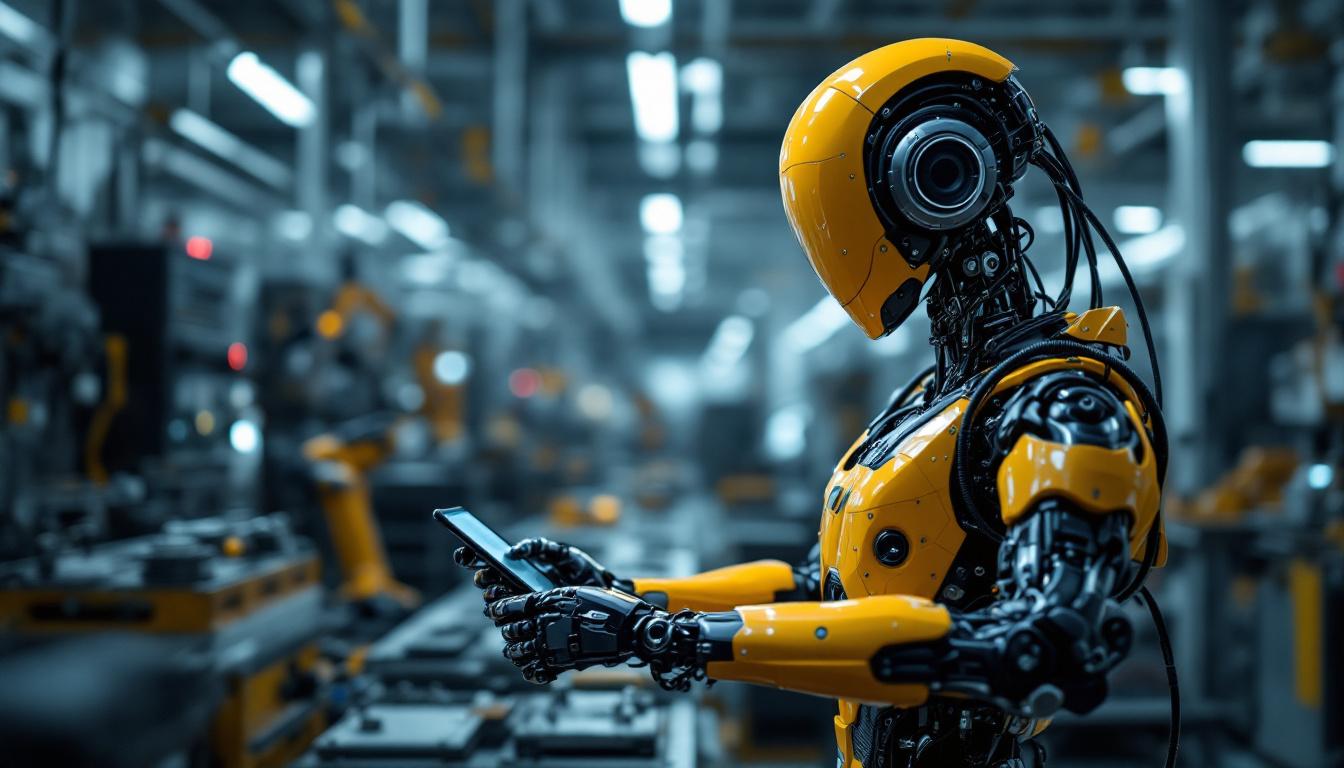 A photograph of a sleek industrial robot in action within a manufacturing environment