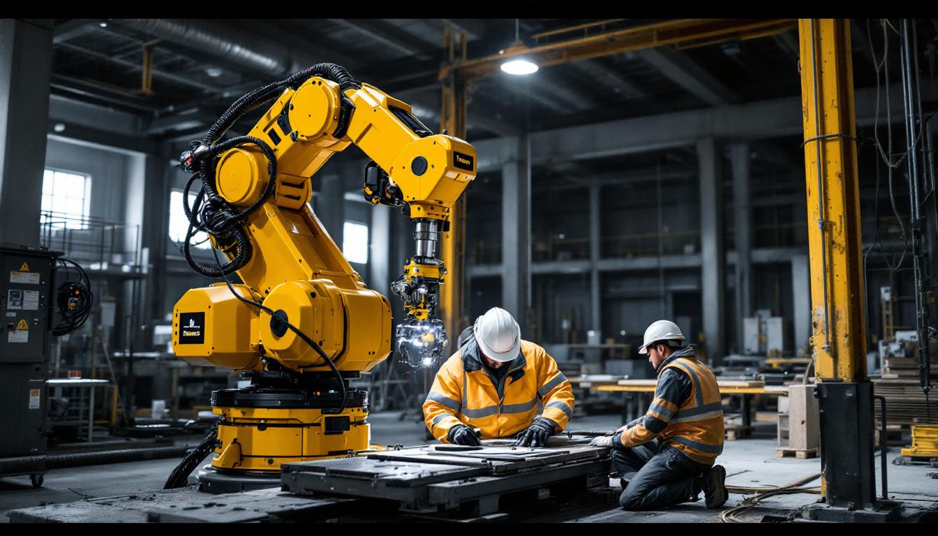 A photograph of a trimble industrial robotic system in action on a construction site