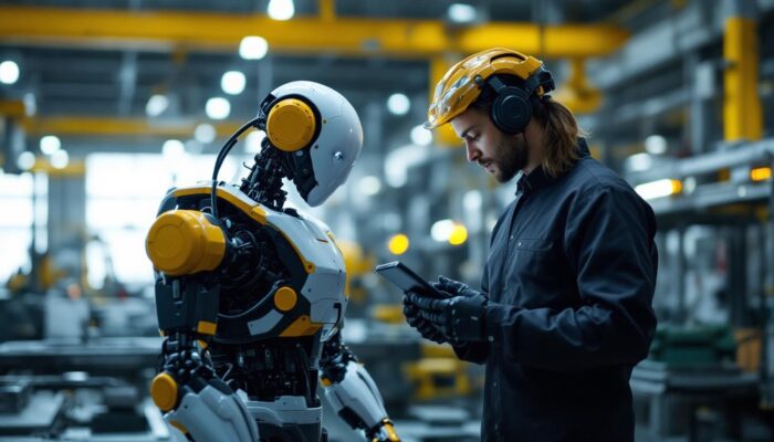 A photograph of a sleek industrial robot in action