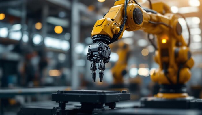 A photograph of a close-up of an industrial robotic arm in action