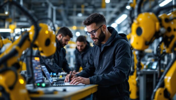 A photograph of a staff software engineer collaborating with a team in a high-tech environment