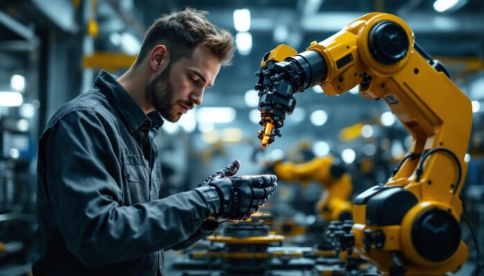 A photograph of a skilled technician analyzing the intricate components of an industrial robotic arm in a well-lit workshop