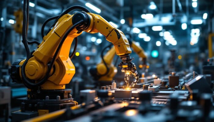 A photograph of a sleek industrial robotic arm in action within a modern manufacturing facility