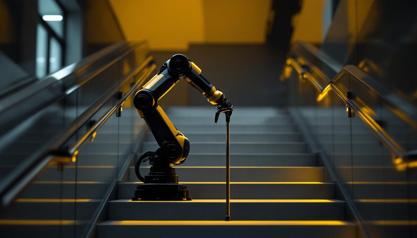 A photograph of a sleek industrial robotic arm gently maneuvering a cane on a staircase
