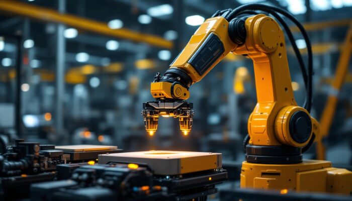 A photograph of a sleek industrial robotic arm in action