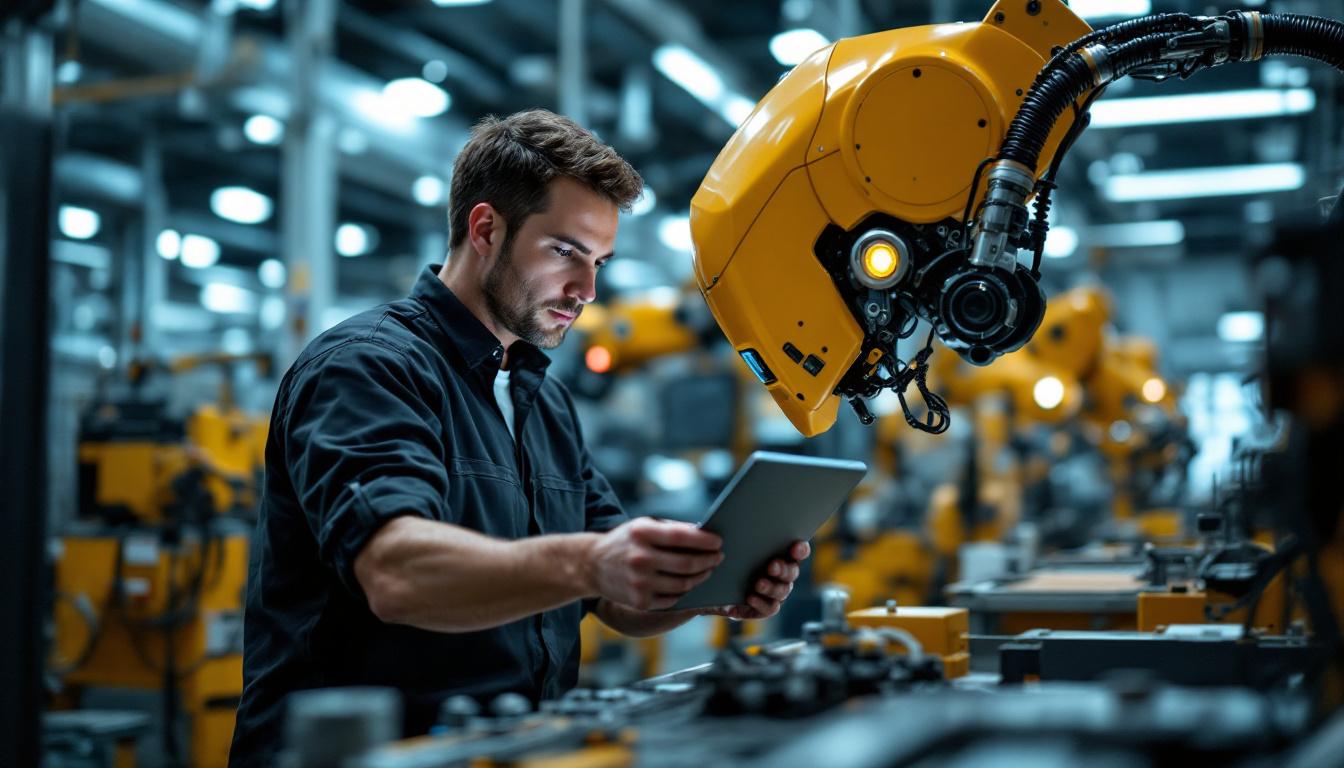 A photograph of a skilled technician programming or operating an industrial robot within a modern manufacturing environment