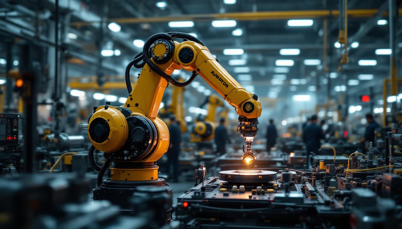 A photograph of a sleek industrial robotic arm in action within a bustling boston manufacturing facility