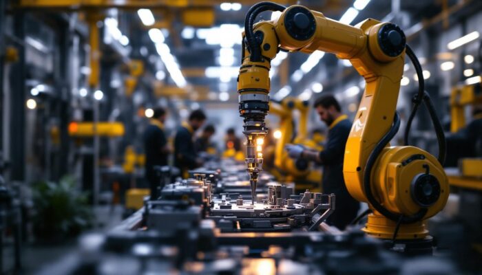 A photograph of a dynamic industrial setting featuring a dyna robotics robotic arm in action