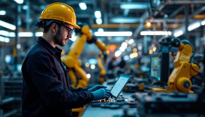 A photograph of a skilled technician programming or operating an industrial robot in a modern manufacturing environment