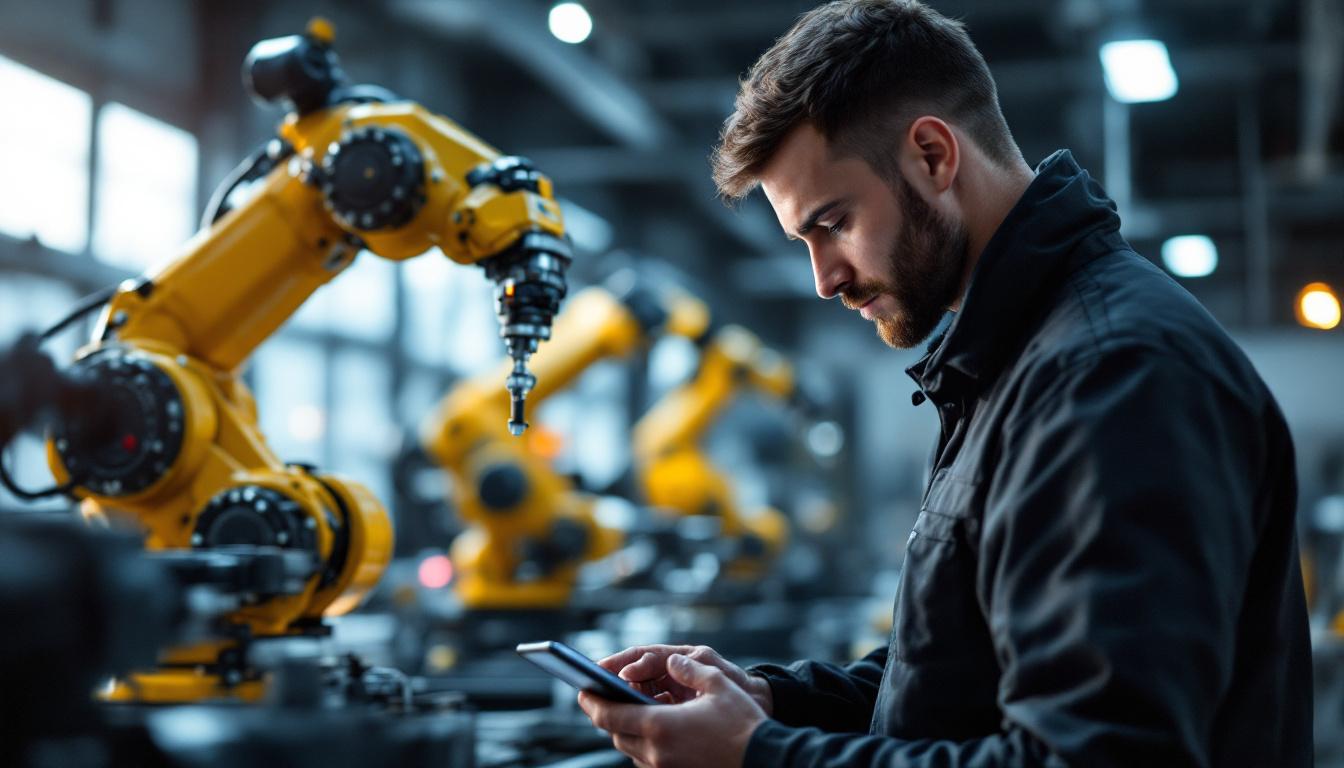 A photograph of a skilled apprentice working hands-on with an industrial robotic arm in a modern workshop setting