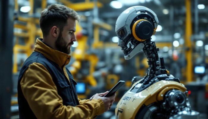 A photograph of a technician using a mobile device to inspect an industrial robot in a factory setting