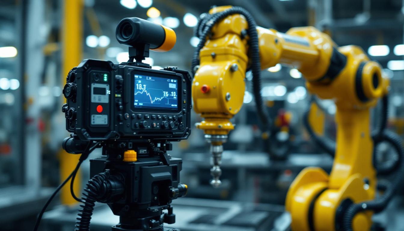 A photograph of a police scanner in use alongside an industrial robotic arm in a manufacturing setting
