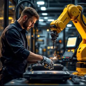 A photograph of a skilled technician interacting with a cutting-edge industrial robot in a dynamic manufacturing environment