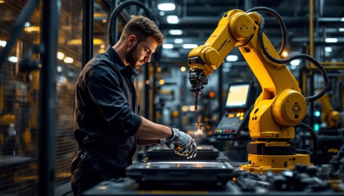 A photograph of a skilled technician interacting with a cutting-edge industrial robot in a dynamic manufacturing environment