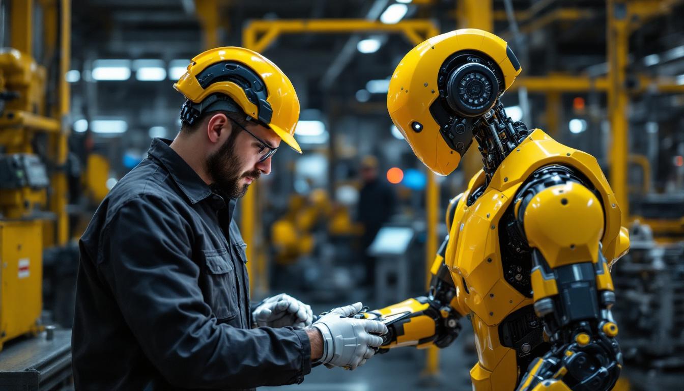 A photograph of a skilled robotics engineer working alongside an industrial robot in a high-tech manufacturing environment