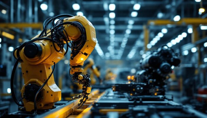 A photograph of a hyundai industrial robot in action on the factory floor