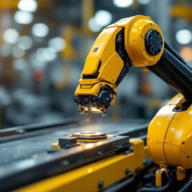 A photograph of a sleek industrial robot in action