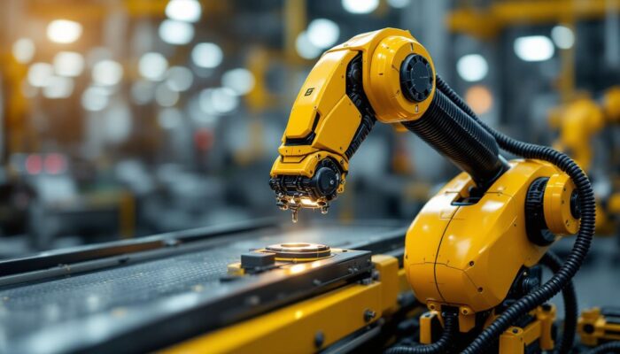 A photograph of a sleek industrial robot in action