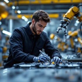 A photograph of a skilled intern working alongside industrial robots in a dynamic manufacturing environment
